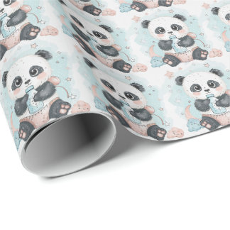 Papier Cadeau Panda Cute Baby Pastel Motif d'aquarelle