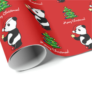Papier Cadeau Panda de Noël stockant le rouge