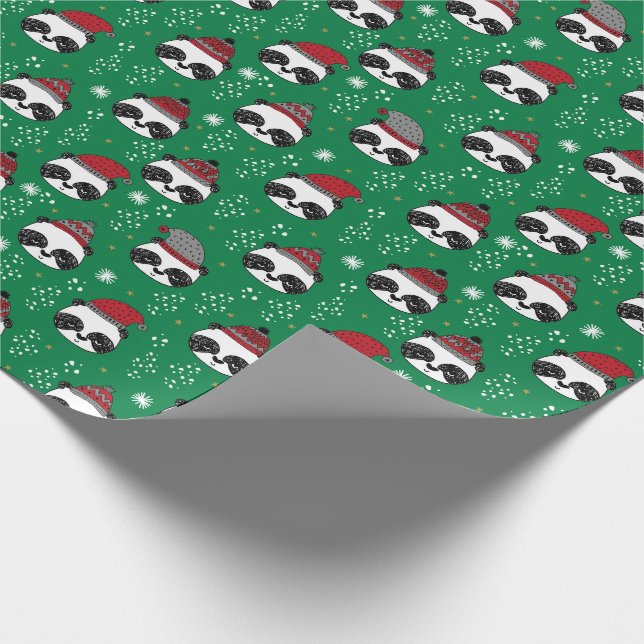 Papier Cadeau Panda d'hiver Noël rouge et vert mignon (Coin)