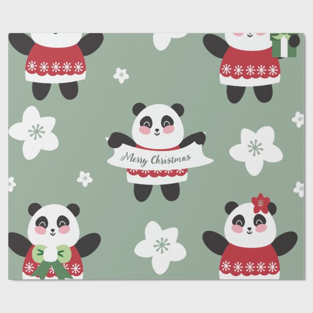 Papier Cadeau Panda en fleur de cerisier de Noël (Plat)
