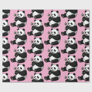 Papier Cadeau Panda Mignon Branchu avec Bambou Verdoyant Rose