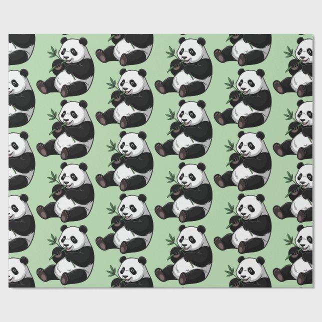 Papier Cadeau Panda Mignon Moderne et Branchages de Bambou (Plat)