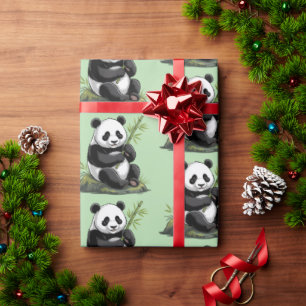 Papier Cadeau Panda Moderne Mignon et Branchu avec du Bambou Ver