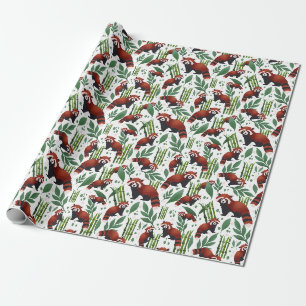 Papier Cadeau Panda rouge aquarelle avec bambou et feuillage