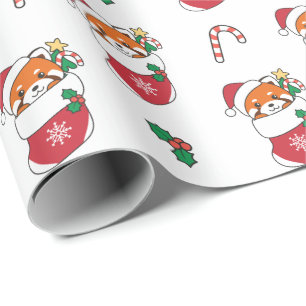 Papier Cadeau Panda Rouge Noël Neige Animaux d'hiver Panda