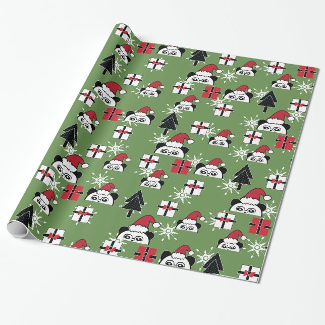 Papier Cadeau Pandas de Noël mignons avec des cadeaux (Déroulé)