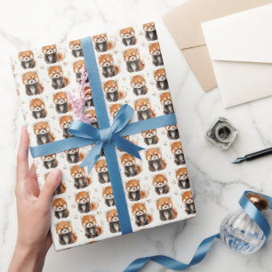 Papier Cadeau Pandas Rouges à l'Aquarelle sur Fond Blanc Cassé