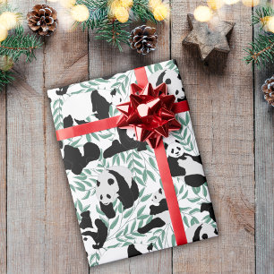 Papier Cadeau Pandas Verts Bamboo Blanc Motif