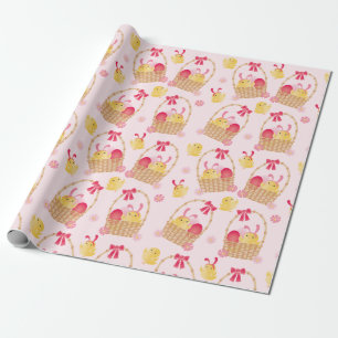 Papier Cadeau Panier de Pâques Féminin Poussin Rose