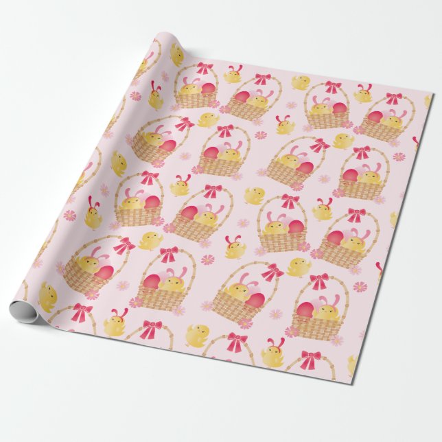Papier Cadeau Panier de Pâques Féminin Poussin Rose (Déroulé)