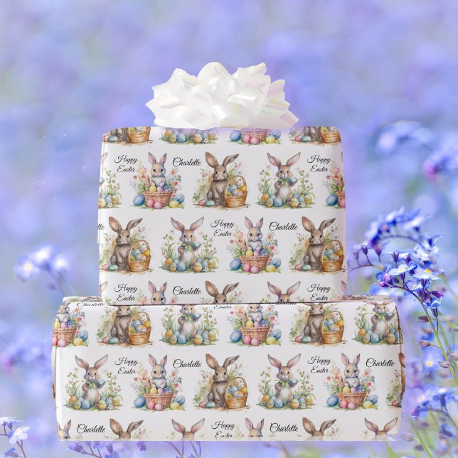 Papier Cadeau Panier d'oeufs de lapin de Pâques Ajouter le nom P (Créateur téléchargé)