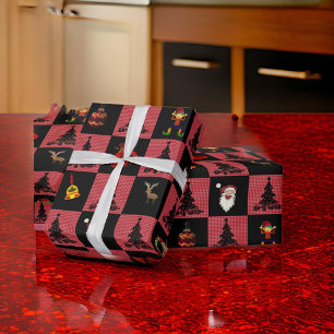 Papier Cadeau Panneau de contrôle Père Noël Snowman Wreath Black