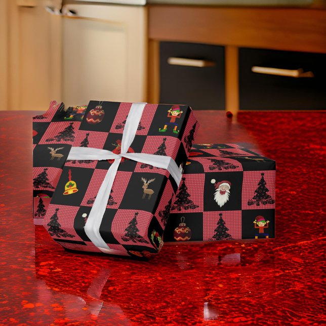 Papier Cadeau Panneau de contrôle Père Noël Snowman Wreath Black (Créateur téléchargé)