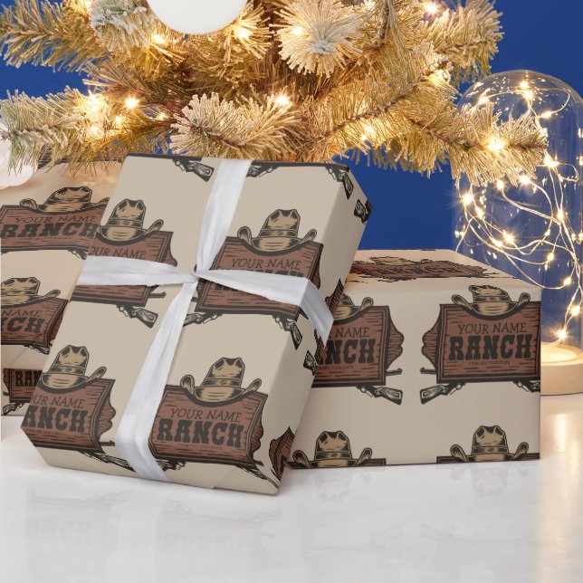 Papier Cadeau Panneau de ranch occidental avec pistolets de cow- (Vacances)