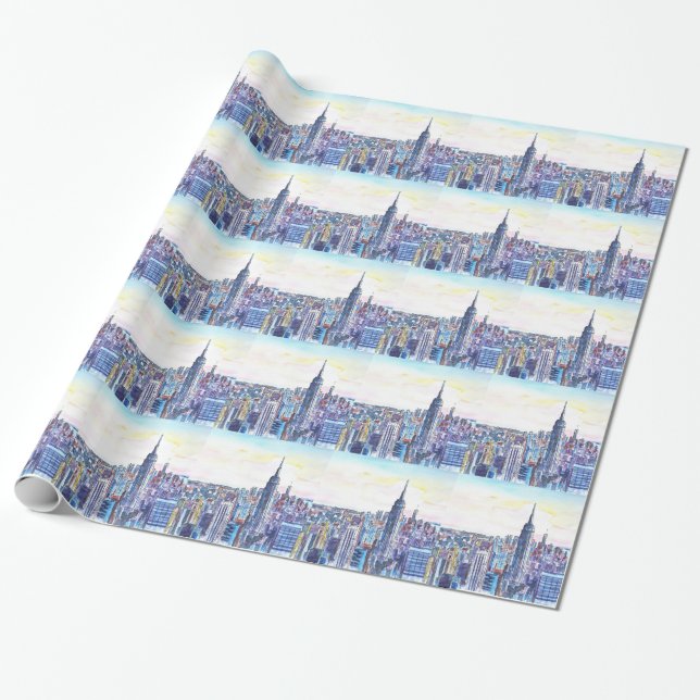 Papier Cadeau Panorama d'horizon de Manhattan dans l'aquarelle (Déroulé)