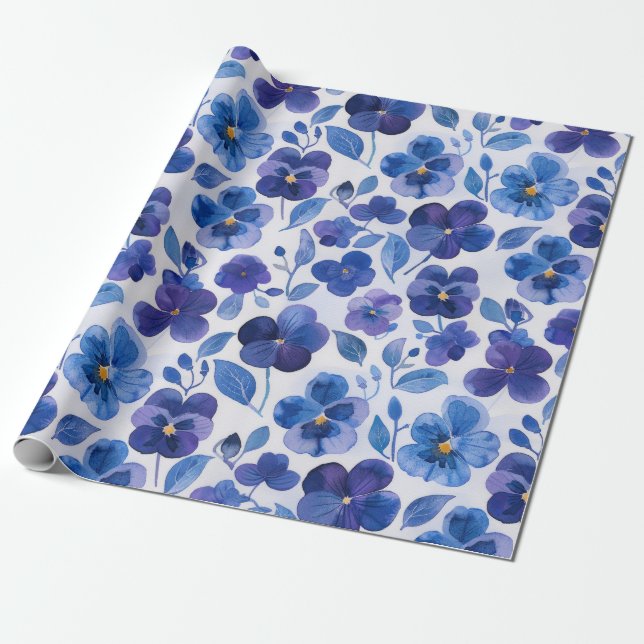 Papier Cadeau Pansies de style aquarelle bleu violet imprimé Flo (Déroulé)