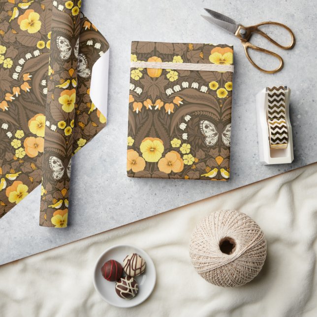 Papier Cadeau Pansies jaunes, oiseaux et papillons (Artisanat)