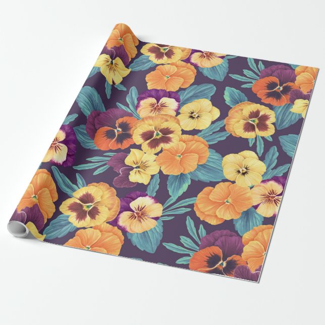 Papier Cadeau Pansies sur violet de prune (Déroulé)