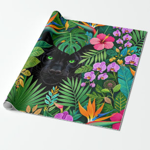 Papier Cadeau Panthère noire Fleurs de jungle et feuillage tropi