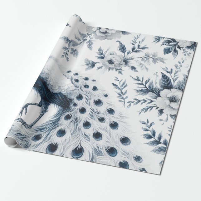 Papier Cadeau Paon aux fleurs bleues (Déroulé)