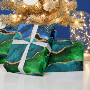 Papier Cadeau Paon bleu et vert Fausse agate scintillante