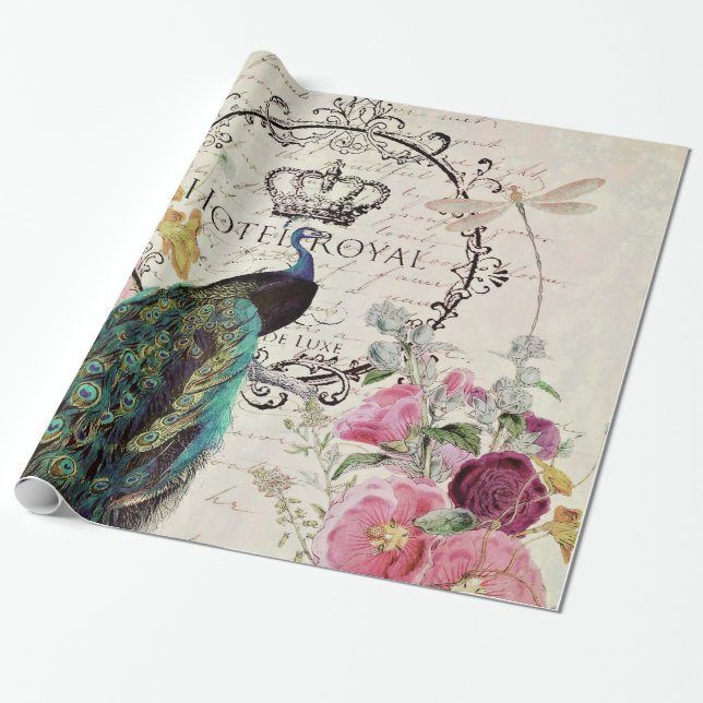 Papier Cadeau Paon et fleurs printanières (Déroulé)