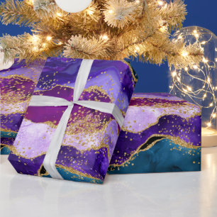 Papier Cadeau Paon Violet et Bleu Faux Paillettes Agate
