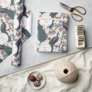 Papier Cadeau Paons de mariage Floral Ivoire