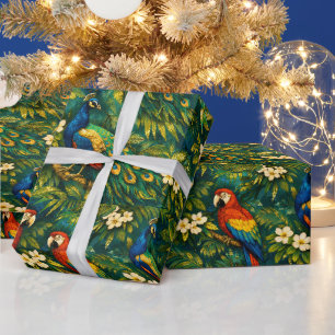 Papier Cadeau Paons et perroquets colorés en or tropical