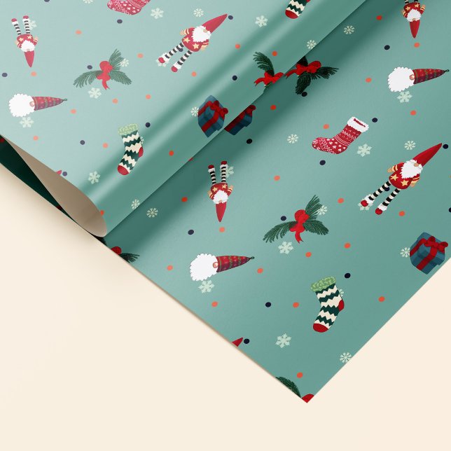 Papier Cadeau Papa Noel, calcetines navideños y regalos (Charming wrapping paper with Santa Claus, socks and presents on turquoise background with snowflakes)