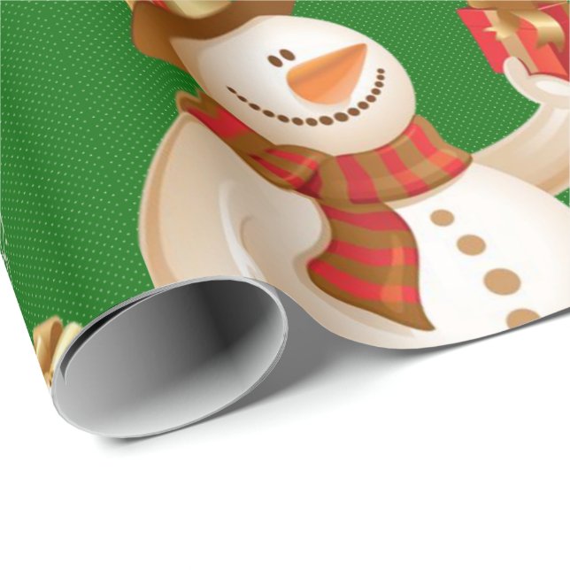 Papier Cadeau Papier à enveloppement de Noël Snowman Green (Coin rond)