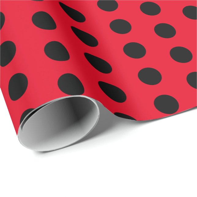 Papier Cadeau Papier à enveloppement noir et rouge Polka classiq (Coin rond)