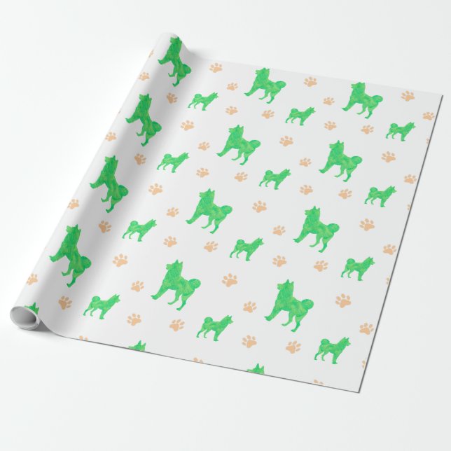 Papier Cadeau Papier à enveloppement Shiba Inu - Cadeau vert min (Déroulé)