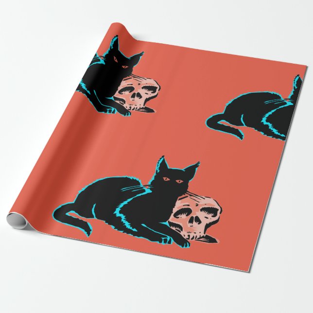 Papier Cadeau Papier à envelopper CHAT NOIR ANIMÉ AVEC SKULL (Déroulé)
