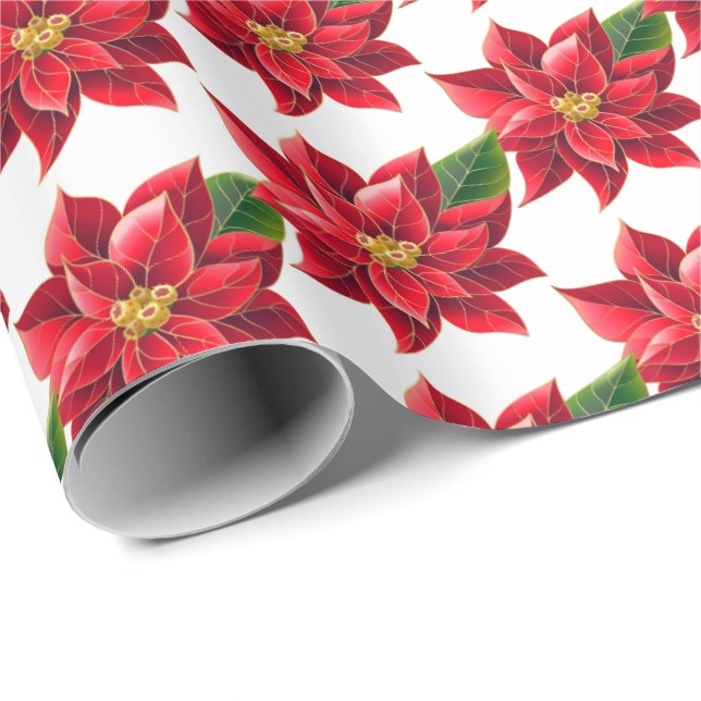 Papier Cadeau Papier à envelopper de Noël - Poinsettias rouges (Coin rond)