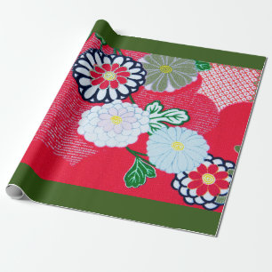 Papier Cadeau Papier à envelopper KIMONO MOTIF FLEURS ROUGE ET B