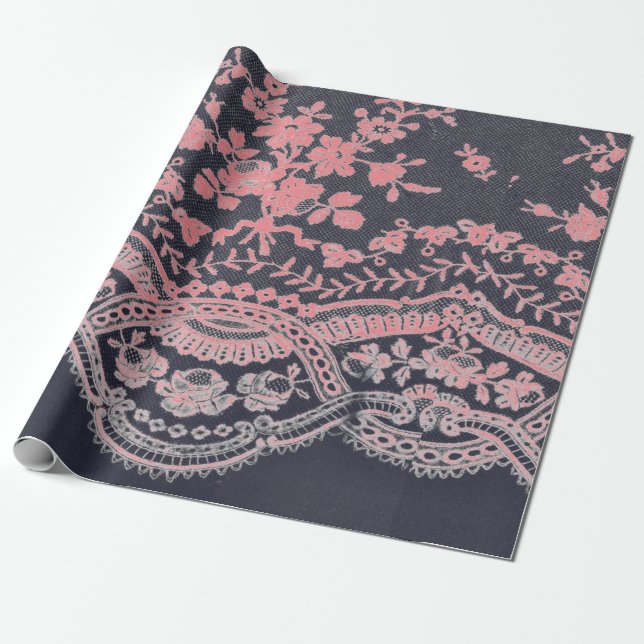 Papier Cadeau Papier à envelopper LACE NOIR ET ROSE ANTIQUE (Déroulé)