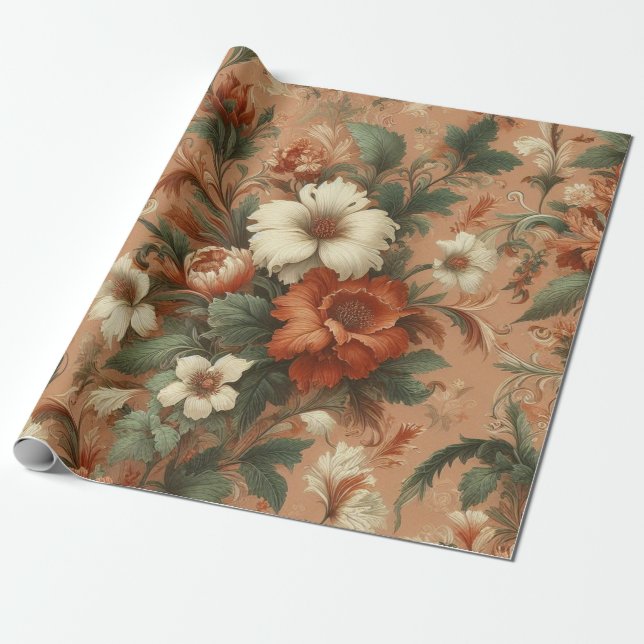 Papier Cadeau Papier à envelopper - Orange brûlé, Crème, Vert mo (Déroulé)