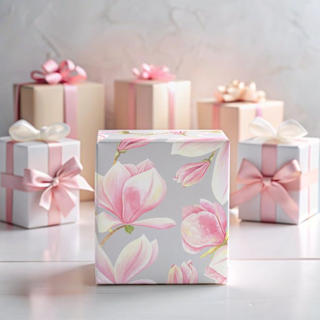 Papier Cadeau Papier aquarelle à motif élégant de fleurs de magn (Elegant Pink Magnolia Flower Pattern Watercolor Wrapping Paper)