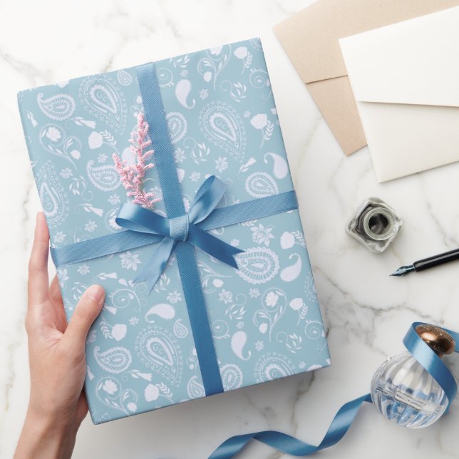 Papier Cadeau Papier blanc et bleu Motif Paisley (Cadeaux)