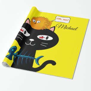Papier Cadeau Papier brillant à envelopper, Noir Chat Poisson Bo