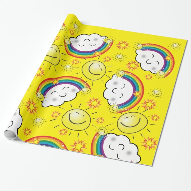 Papier Cadeau Papier brillant, Arc-en-ciel nuages soleil Jaune (Déroulé)