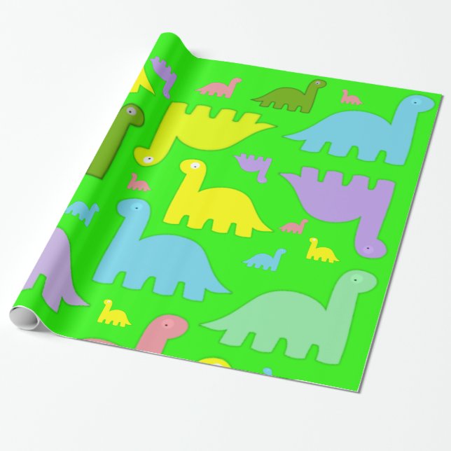 Papier Cadeau Papier brillant, Dinosaures colorés vert (Déroulé)