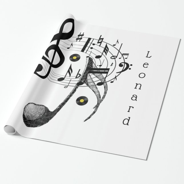 Papier Cadeau Papier brillant, notes de musique noir et blanc (Déroulé)