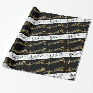 Papier Cadeau Papier brillant, notes de musique noir et blanc