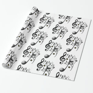 Papier Cadeau Papier brillant, notes de musique noir et blanc