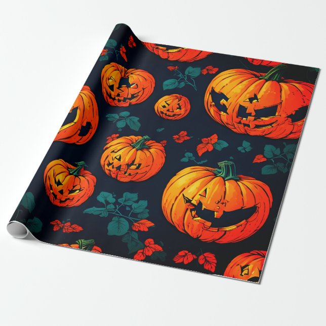 Papier Cadeau Papier citrouille orange éffrayant Halloween (Déroulé)
