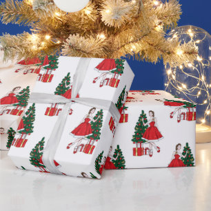 Papier Cadeau Papier de Noël avec fille et motif d'arbre