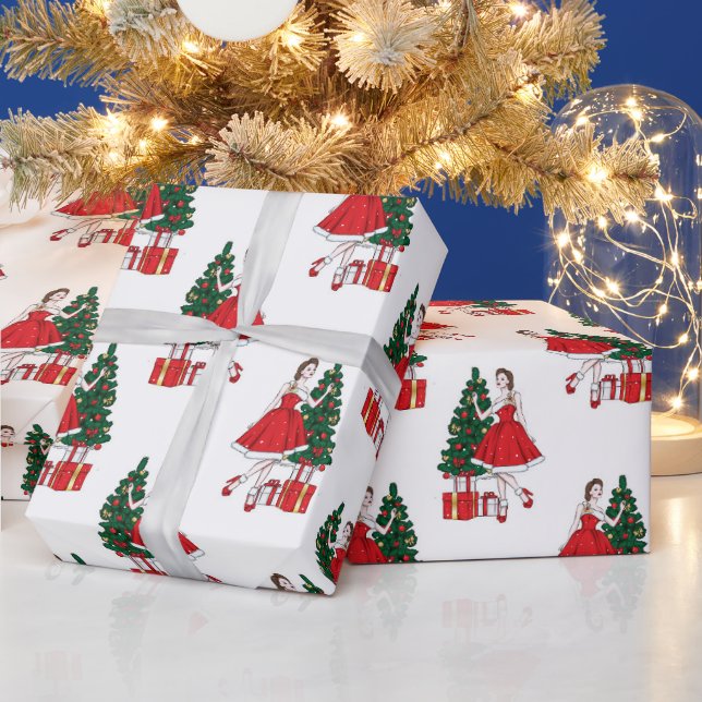 Papier Cadeau Papier de Noël avec fille et motif d'arbre (Vacances)