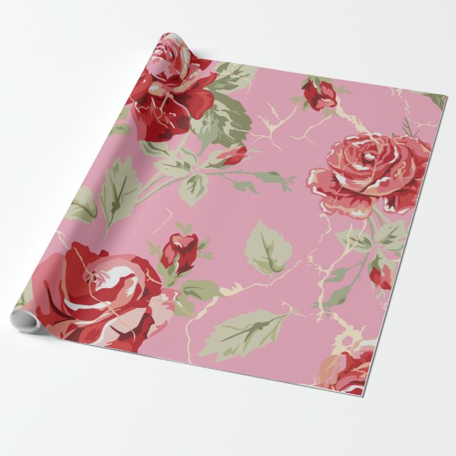 Papier Cadeau Papier d'emballage à motif classique rose rouge et (Déroulé)